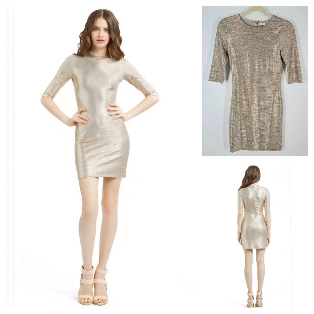 Alice & Olivia Gold Delora Fitted Mini Dress Body Con Cocktail Women's Size 2